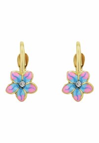 Pendientes de flores en tono dorado con pétalos de esmalte azul y rosa, y un strass transparente en el centro, que ofrecen un diseño colorido y detallado.