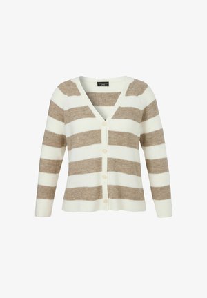 Gestreepte cardigan in crème en beige, met een V-hals, geribbelde textuur, lange mouwen en zes knopen aan de voorkant. Zacht gebreid materiaal.
