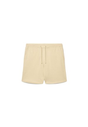 Pantaloncini casual beige con elastico in vita, coulisse regolabile e tasche laterali, mostrati su sfondo bianco.