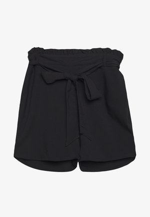 Black shorts featuring a ruffled waistband, a tied belt, and a relaxed fit. Made from a smooth fabric with a subtle sheen.