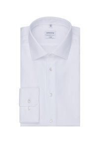 Camicia bianca con colletto classico, maniche lunghe e una tasca singola. Realizzata in un tessuto testurizzato con bottoni trasparenti. Vestibilità X-Slim.