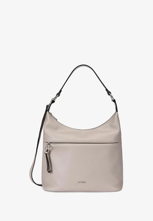 Sac à main en cuir beige avec fermeture éclair argentée et anse bordée de noir, doté d'une poche zippée frontale et d'un pompon décoratif.