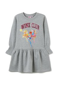 Vestito grigio a maniche lunghe con polsini arricciati e gonna svasata. Presenta una grafica colorata del Winx Club con fate e testo brillante. Tessuto morbido in cotone.