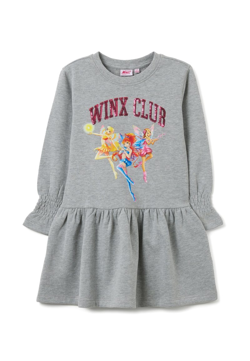 Vestito grigio a maniche lunghe con polsini arricciati e gonna svasata. Presenta una grafica colorata del Winx Club con fate e testo brillante. Tessuto morbido in cotone.