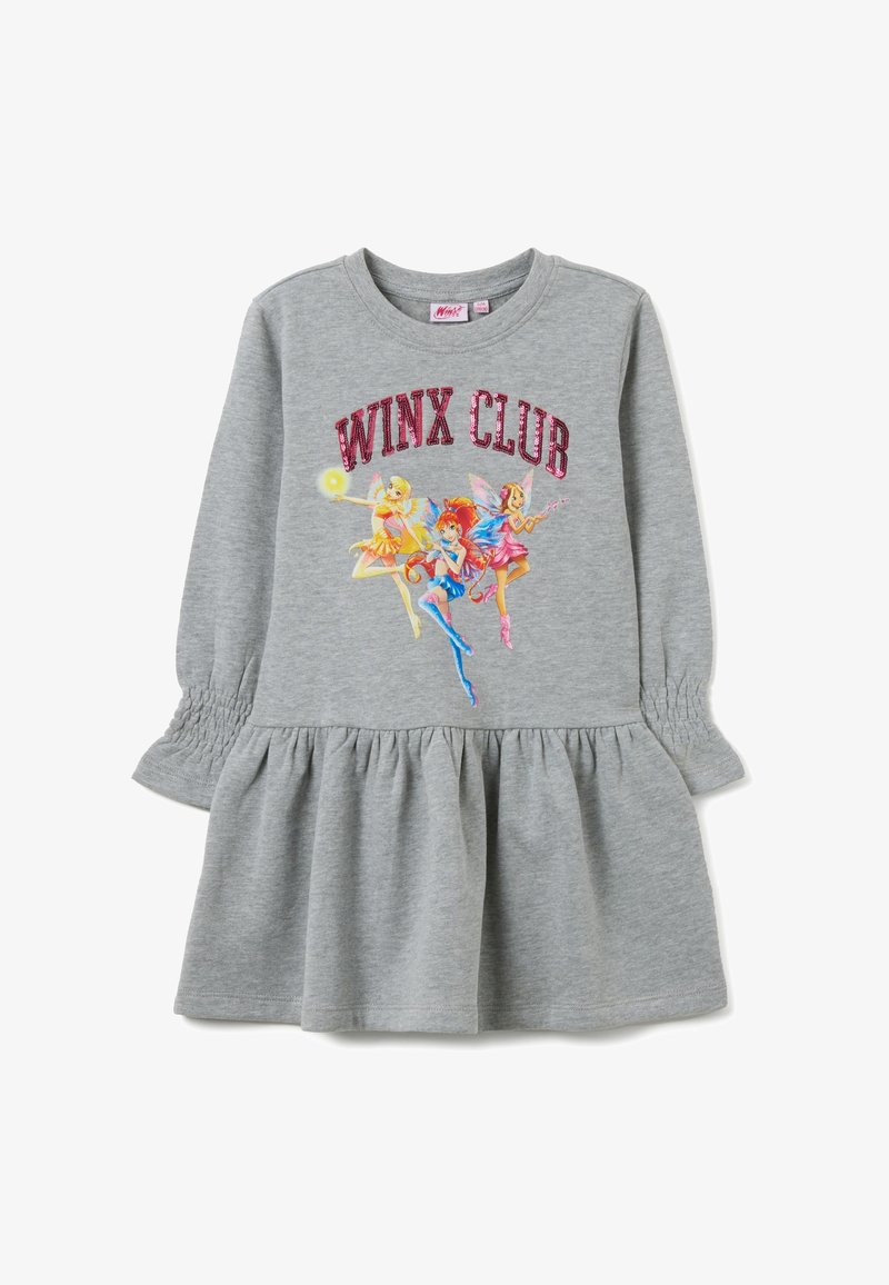 Vestito grigio a maniche lunghe con polsini arricciati e gonna svasata. Presenta una grafica colorata del Winx Club con fate e testo brillante. Tessuto morbido in cotone.