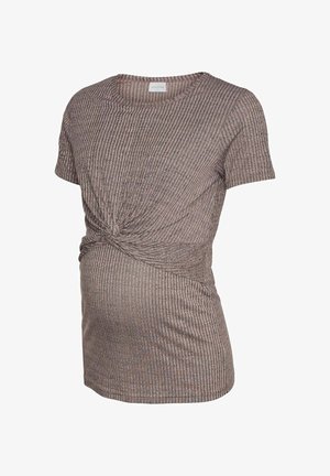 Korte mouw, geribbelde zwangerschaps top met gedraaide knoopdetail aan de voorkant, in een gedempte mauve kleur.