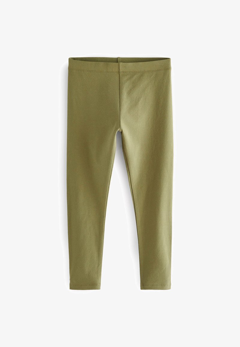 Leggings verde oliva realizzati in morbido tessuto elasticizzato. Presentano un design semplice con una texture liscia e una silhouette aderente.