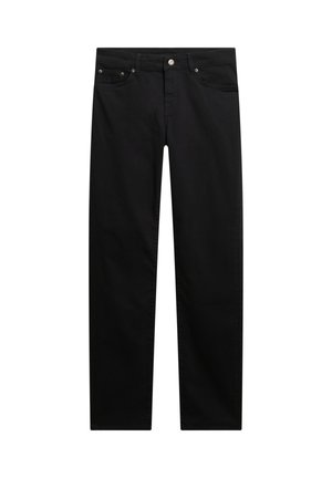 Sort denimbukser med lige ben-design, der har fem lommer, metalknaplukning og subtile sømdetaljer.