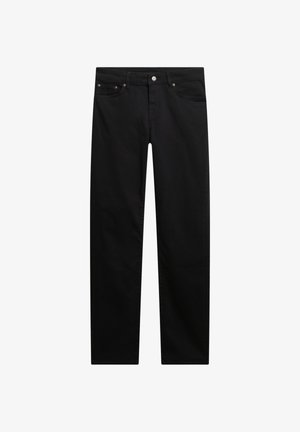 Schwarze Denim-Hosen mit geradem Bein, ausgestattet mit fünf Taschen, metallischem Knopfverschluss und dezenten Nähdetails.