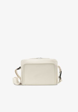 Rektangulær off-white crossbody taske med justerbar rem, front lynlåslomme og minimalistisk design.