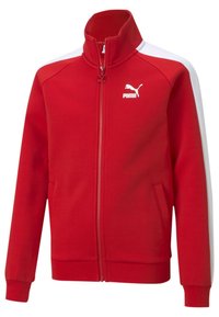 Rød zip-jakke lavet af glat stof, har hvide sidedele og en høj krave. Puma-logo i hvidt på forsiden. To sidelommer.