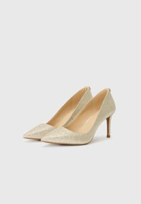 Gold glitter high-heeled pumps with a pointed toe, textured upper, and a sleek, smooth interior. Stiletto heel enhances elegant silhouette.