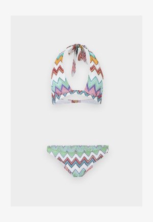 Dvojdielne bikiny s farebným cik-cak vzorom v odtieňoch zelenej, fialovej, oranžovej a bielej farby, s horným dielom s viazaním okolo krku a nízkym nohavičkovým dielom.