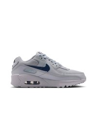 Ανοιχτό γκρι αθλητικό παπούτσι Nike Air Max με μπλε σήμα, επάνω μέρος από δίχτυ και δέρμα, ορατή αερόσολα στη σόλα, προβολή από το πλάι.