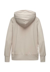 Beige hooded sweatshirt with a smooth texture. Features long sleeves, a kangaroo pocket, and a snug hemline.