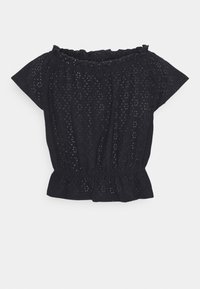 Svart off-shoulder topp i ögla tyg med volangkrage och korta ärmar; har ett elastiskt midjeband och peplumslut.