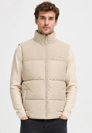 Mann trägt beige gesteppte Weste mit hohem Kragen über einem hellen Pullover, Hände in den Taschen, schaut geradeaus vor schlichtem Hintergrund.