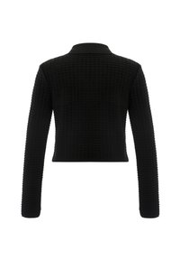 Veste noire en tricot texturé à manches longues avec un col côtelé, vue de dos.