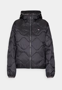 Black quilted puffer jacket with a zip front, elastic cuffs, and a hood. Features subtle logo detailing on the collar and hem.