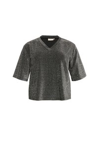 Hochglänzendes schwarzes Kurzarmoberteil mit V-Ausschnitt. Der Stoff hat eine glitzernde Textur und bietet eine auffällige, reflektierende Oberfläche.