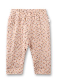 Helle rosa Hose mit floralem Muster in Orange und Braun. Weicher Stoff, elastischer Bund und zwei Seitentaschen. Lässige Passform für mehr Komfort.