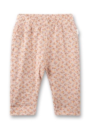 Helle rosa Hose mit floralem Muster in Orange und Braun. Weicher Stoff, elastischer Bund und zwei Seitentaschen. Lässige Passform für mehr Komfort.