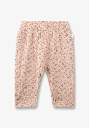 Light pink pants with a floral pattern in orange and brown. Soft fabric, elastic waistband, and two side pockets. Casual fit for comfort.
