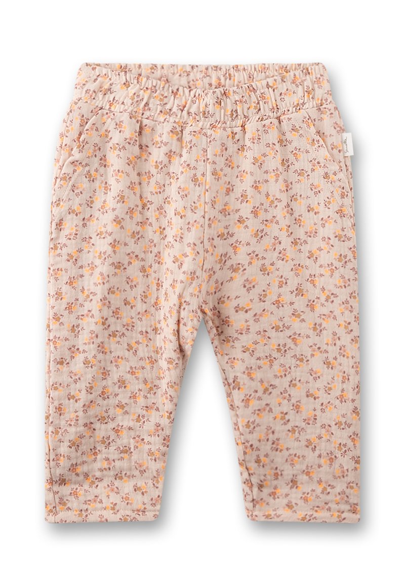 Helle rosa Hose mit floralem Muster in Orange und Braun. Weicher Stoff, elastischer Bund und zwei Seitentaschen. Lässige Passform für mehr Komfort.