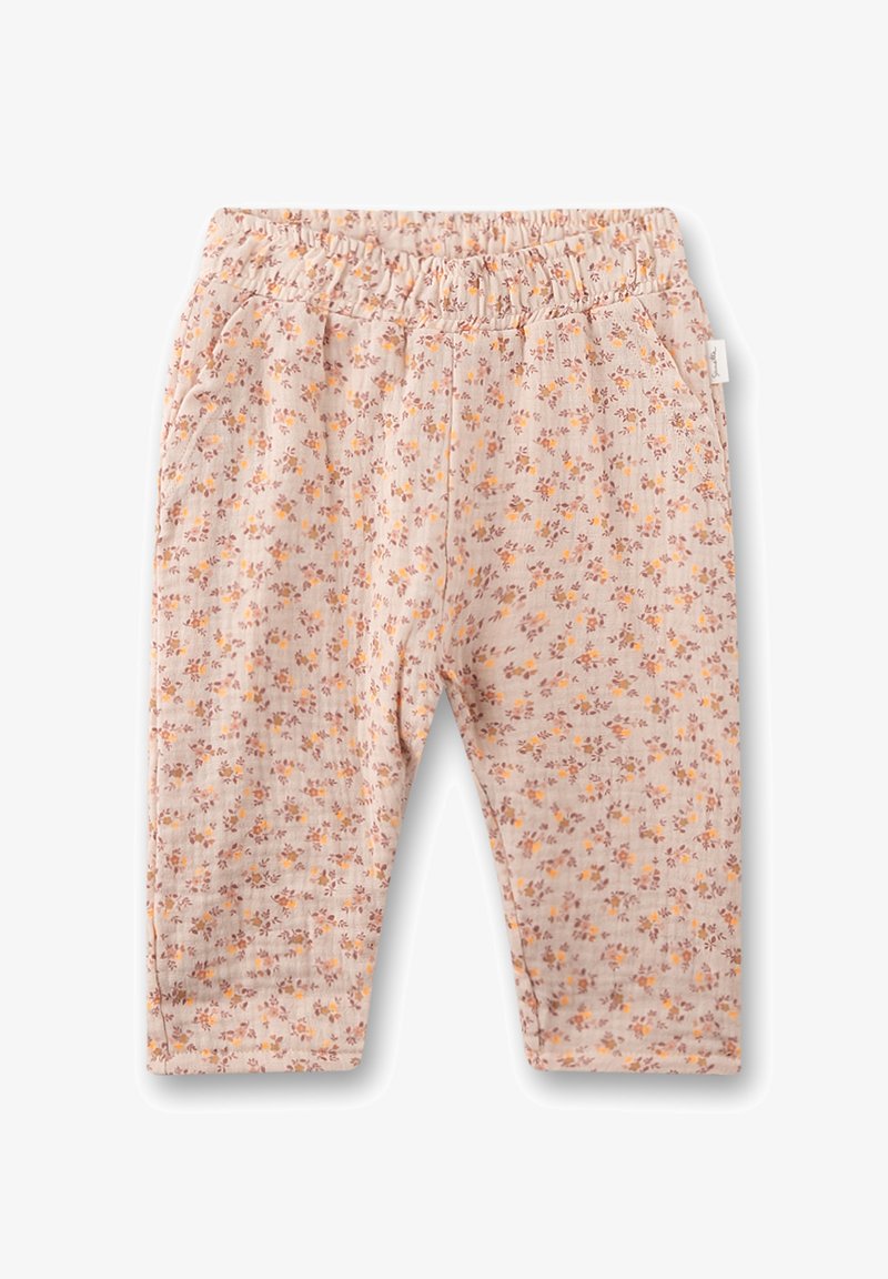 Helle rosa Hose mit floralem Muster in Orange und Braun. Weicher Stoff, elastischer Bund und zwei Seitentaschen. Lässige Passform für mehr Komfort.