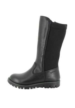 Stivale nero al ginocchio in pelle liscia frontalmente e con retro in tessuto elastico. La suola presenta una superficie strutturata per garantire aderenza.