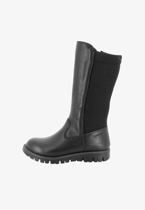 Stivale nero al ginocchio in pelle liscia frontalmente e con retro in tessuto elastico. La suola presenta una superficie strutturata per garantire aderenza.