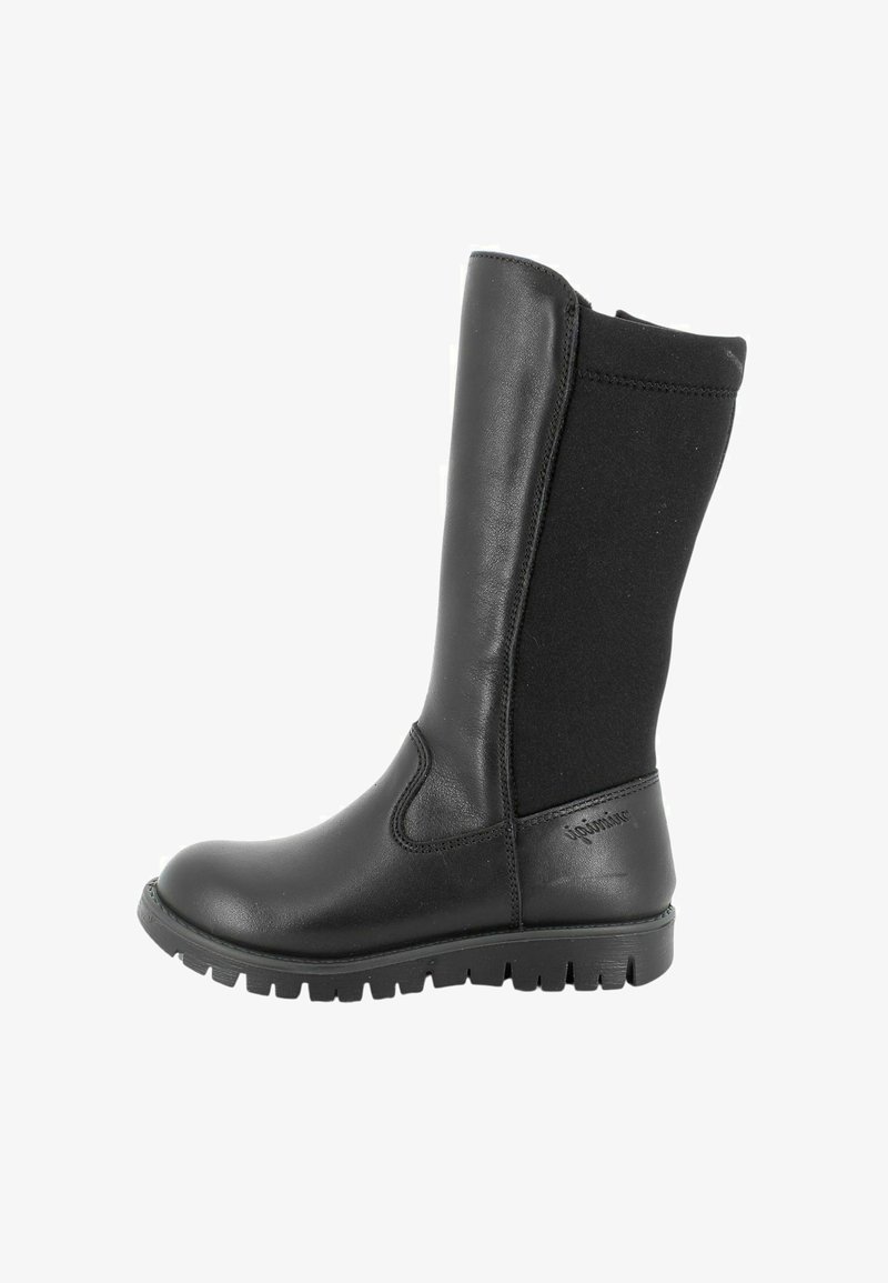 Stivale nero al ginocchio in pelle liscia frontalmente e con retro in tessuto elastico. La suola presenta una superficie strutturata per garantire aderenza.