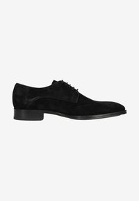 Zwarte suède geklede schoenen met een ronde neus, vetersluiting en een platte rubberen zool. Glad textuur en subtiele stiksels.