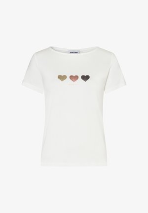 White short-sleeve t-shirt featuring three hearts in gold, rose, and black with a subtle shimmering finish and a round neckline.