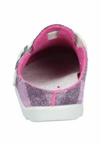 Gray and pink felt slipper with a white rubber sole, featuring a simple design, rounded shape, and a smooth, soft interior.