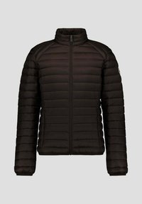 Giacca a piumino nera con trapuntatura orizzontale, collo alto e cerniera frontale completa. I polsini sono elasticizzati per una vestibilità aderente.