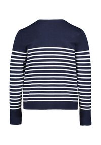 Pull bleu marine avec des rayures blanches horizontales. Texture en tricot, encolure ronde et manches longues. Poignets et ourlet côtelés.