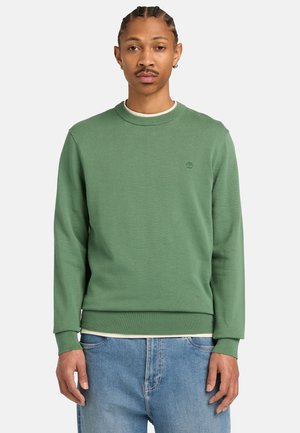 Uomo con capelli intrecciati che indossa un maglione verde girocollo sopra una camicia bianca e jeans azzurri, in piedi contro uno sfondo neutro.