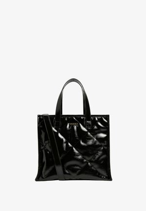 Borsa nera trapuntata in pelle verniciata lucida. Dotata di doppi manici e tracolla removibile. Logo mostrato sul davanti.