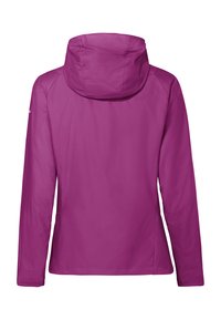 Veste imperméable à manches longues violette avec capuche attachée, vue de dos.