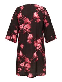 Black dress with a floral pattern in shades of pink, featuring short sleeves, a loose fit, and a straight hemline. Smooth texture.