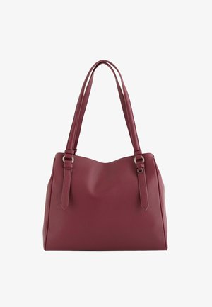 Bolso tote de cuero burdeos con una superficie texturizada, dos asas largas y una forma ligeramente relajada. Presenta detalles de hardware en tono plateado.