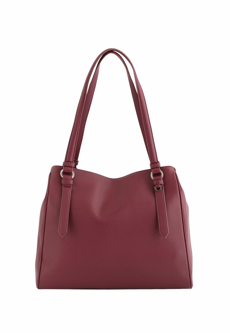 Bolso tote de cuero burdeos con una superficie texturizada, dos asas largas y una forma ligeramente relajada. Presenta detalles de hardware en tono plateado.