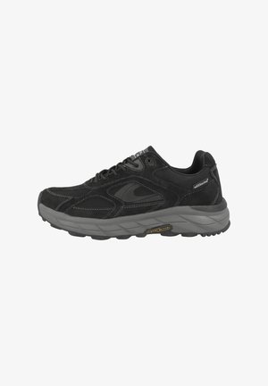 Black athletic shoe featuring a suede and mesh upper, gray rubber outsole, round toe, lace-up design, and contrast stitching details.