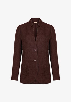 Bourgogne strikket blazer med sjalskrave, to forlommer og to brune knapper. Teksturert stof med en struktureret design.