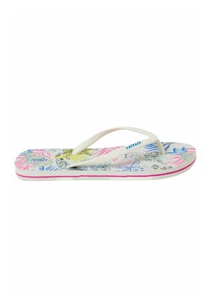 Weiße Flip-Flops mit pinken, gelben und blauen tropischen Blatt- und Vogelmustern sowie weißen Riemen, die mit "FatFace" in Blau gebrandet sind.