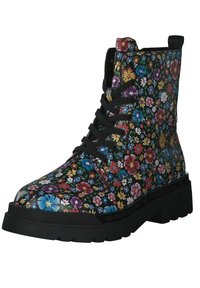 Stivali alla caviglia con lacci stampati a fiori su sfondo nero, caratterizzati da fiori multicolori, suola nera robusta e superficie testurizzata.