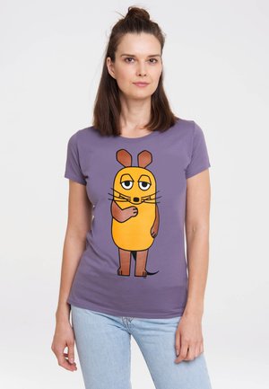 Short-sleeve purple t-shirt featuring a cartoon mouse with an orange body and brown accents, printed centrally on the front.