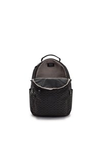 Black backpack with geometric pattern, textured fabric, zip closure, grey interior lining, top handle, and side pockets. Branded logo on front.