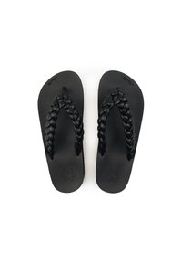 Black flip-flops with braided straps, flat soles, and a textured pattern on the footbed. Minimal design and monochromatic color scheme.